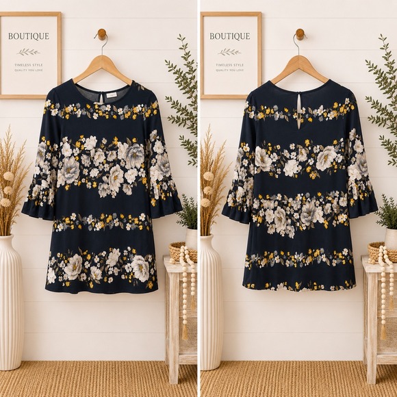Old Navy Dresses & Skirts - Old Navy Floral‎ Shift Dress Navy Blue Yellow Ruffle Sleeve XS Womens
